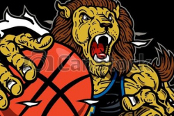 Muscular lions basketball mascot player ripping through ...
