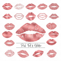 Pink Foil & Glitter Lips Kisses Clipart, Pink Metallic Golden Watercolor  Makeup Lipstick Lipsense Clip Art PNG Graphic Illustration Download