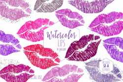WATERCOLOR LIPS Clipart Commercial Use Clip Art 24 Watercolour Kissing Lip  Kisses Pink Purple Confetti Lipstick Kiss Smear Smudge Graphics
