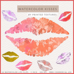 WATERCOLOR KISSES Clip Art, Watercolor Lips Clipart, Lips Clip Art,  Transparent PNG, Download Watercolor Kissing Lips Instant Download