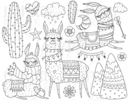 Llama Clipart Illustration Set, Cute Alpaca Clip Art Images, Digital Stamps  for Coloring Scrapbooking, Hand Drawn Llama PNGs Mountains
