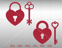 Heart Lock Key SVG, Heart Shaped Lock Key Clipart DXF Silhouette Cricut Cut  File Vector Commercial Use