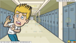 A Very Horrified Man and Long School Hallway With Lockers Background