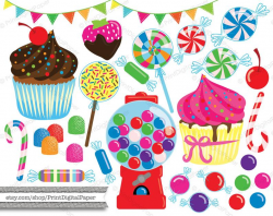 Commercial Use Candy Clipart Cupcakes Cake Pop Lollipop Candy cane gum ball  machine colorful fun graphics cherry chocolate dipped strawberry