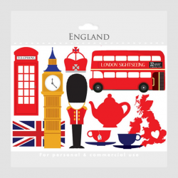 London clipart - England, UK, clip art, travel clipart, tea, bus, double  decker, flag, crown, clock tower, telephone booth, teacups