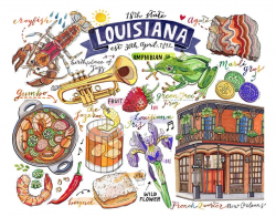 Louisiana Print, Symbols, Illustration, New Orleans, Jazz, Cocktail, State  Art.