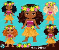 Luau Dancers, Hawaii tropical, Luau Clipart, hula girls, island birthday  party, Multicultural girls.