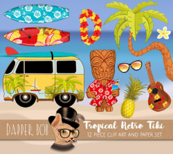 Retro Tiki Beach Van Clip Art Collection | Luau PNG Clipart and Digital  Paper