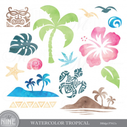 Watercolor TROPICAL Clipart / Watercolor LUAU Clip Art / Instant Download,  Watercolor Moana Theme Clipart Downloads Hawaiian Clipart