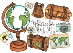 Travel Clipart Watercolor traveler's clip art Globe clipart Luggage  graphics Camera illustration Travel word map clip art Traveling clipart