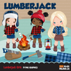 Lumberjack Clipart. Cute lumberjack characters and matching plaid pattern  elements. Woods, antler, camp fire and Lumber graphics, commercial