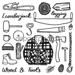 Lumberjack set, wood and tools. Hand-drawn cartoon logging ...