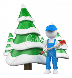 3D White People. Lumberjack with Axe at Snow Covered Fir Forest ...