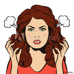Young angry woman with steam blowing from ears. Negative ...