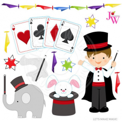 Lets Make Magic Cute Digital Clipart, Magic Clip art, Magician kid  graphics, magic trick clipart, magic bunny, playing cards, magic wand