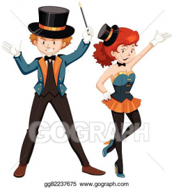 Vector Clipart - Magician and his assistant in costume ...