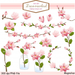 Pink Magnolia clipart, Pink flowers clip art, Flowers Border Clipart,  Wedding flowers clip art,Pink, green,INSTANT Download