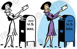 A woman drops a letter into a mailbox vintage retro clipart ...