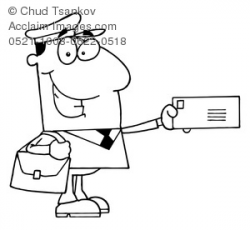 Clipart Image of Black and White Mailman With a Letter and Letter Bag