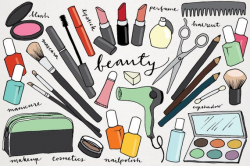 Makeup & Beauty Clipart - hand drawn clip art, makeover clipart, lipstick,  nail polish, blush, haircut, scissors, eyeshadow, eyeliner