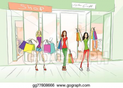 Vector Illustration - Women friends shopping bags, shop mall ...
