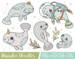 Cute Manatee Clipart Images, Manatee Clipart Set, Doodle Manatee Clipart,  Hand Drawn Clipart, Cute Dugong Clipart, Cute Sea Cow Clipart