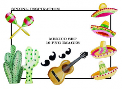Watercolor Mexico Sombrero Cactus Guitar Maracas Mustache Digital Clip Art  Illustration