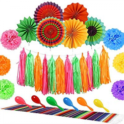 Auihiay 34 Pieces Mexican Party Decoration with Serape Table Runner, Neon  Maracas Shakers, Paper Fans, Tissue Paper Pom Poms and Tassel for Birthday  ...