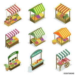 Street vendor booth with canopy isometric set. Market food ...