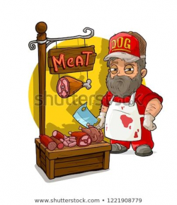 Cartoon bearded butcher with big knife character and meat ...