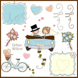 Just Married Clipart. Clip art wedding car. Clip art vintage bicycle.  Clipart blue bicycle. Roses graphics, Commercial use OK.