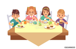 Kids eat together. Children eating dinner cafe restaurant ...
