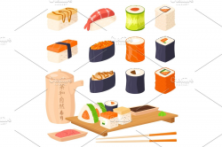 Sushi japanese cuisine traditional food flat healthy gourmet icons asia  meal culture roll vector illustration. Text Tea Time on teapot