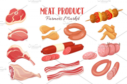 Gastronomic meat products in cartoon style.