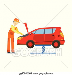 Vector Stock - Smiling mechanic looking at engine in the ...