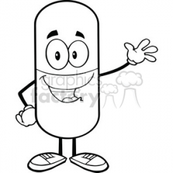 6291 Royalty Free Clip Art Black and White Pill Capsule Cartoon Character  Waving For Greeting clipart. Royalty-free clipart # 389261