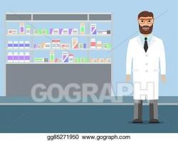Vector Illustration - Pharmacist standing near shelves with ...
