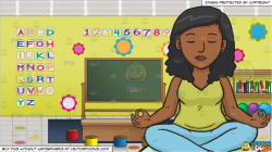 A Black Woman Meditating and Inside A Preschool Classroom Background