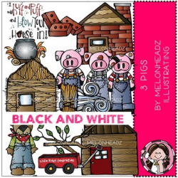 3 Pigs clip art - BLACK AND WHITE - Melonheadz clipart
