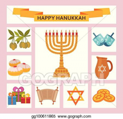 Vector Stock - Color hanukkah icons with torah, menorah and ...