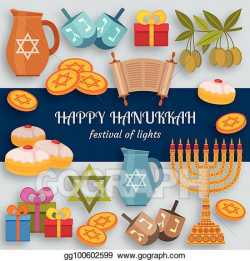 Clip Art Vector - Hanukkah greeting card with torah, menorah ...