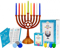 The Dreidel Company Mini Menorah Traditional Star of David Design, Includes  Box 44 Elegant Colored Candles (Mini Menorah Star of David Copper Finish)