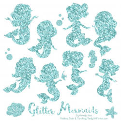 Cute Glitter Mermaids Clipart - Aqua Mermaid Glitter Clipart, Aqua Glitter  Mermaid Silhouettes, Mermaid Clipart, Mermaid Vectors