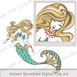 Mermaid clip art vintage style nouveau clipart hand painted deco mermaid  download illustration