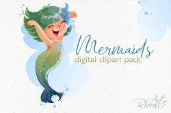 Cute mermaids clipart pack. Watercolor clip art baby shower