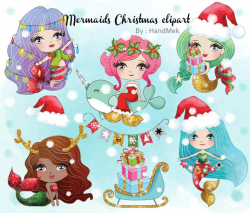 Cute Mermaid Christmas clipart instant download PNG file - 300 dpi