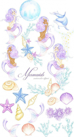 Watercolor Mermaid Clipart, Magic Ocean Illustration, Summer ...