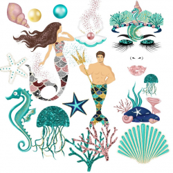 Mermaid clipart, glitter mermaids, african american, mermaid clip art,  mermaids crown face, rose gold glitter, digital paper, sirene clip ar