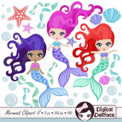 Cute Mermaid Clipart, Mermaid Party Printable, Scrapbook ...