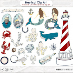 Mermaid ClipArt & Sailor Illustration, Nautical Lighthouse Image, Beach  Digital Graphics, Under the Sea Party Clip Art, Summer Vacation, png